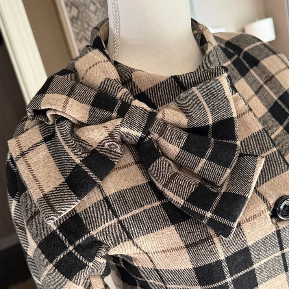KATE SPADE Tan & Black Plaid Wool Blend Jacket Double Breasted Bow Collar Size M